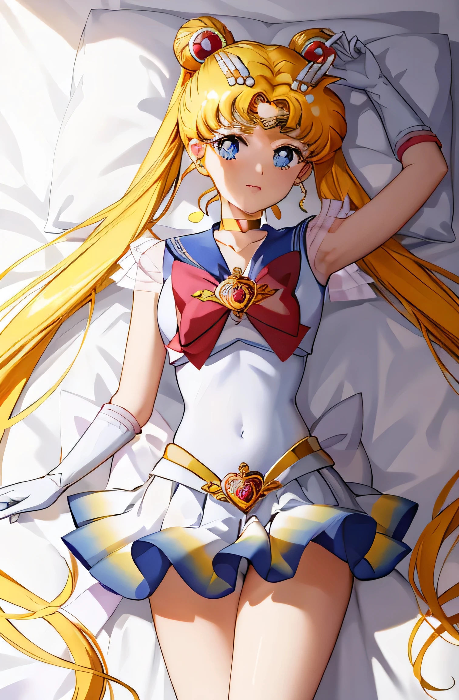 masterpiece, top quality, (single person), supersailor moon, detailed face, happy, face focus, cowboy shot, white wall, on bed, bright room, having sex, embarrassed face, white gloves, detailed eyes, details face, hotel room, detailed background, multicolored clothing, sailor senshi uniform, colorful skirt, hair ornament, red bow, brooch, heart brooch, earrings, crescent moon, heart choker, heart, miniskirt, very long hair, backbow, crescent earrings, tiara, yellow choker, boots, knee boots, red footwear, white panties, panties visible, skirt that rolls up to the stomach, ruffled panties, hits the crotch, R18, legs in an M shape open, lie in bed,