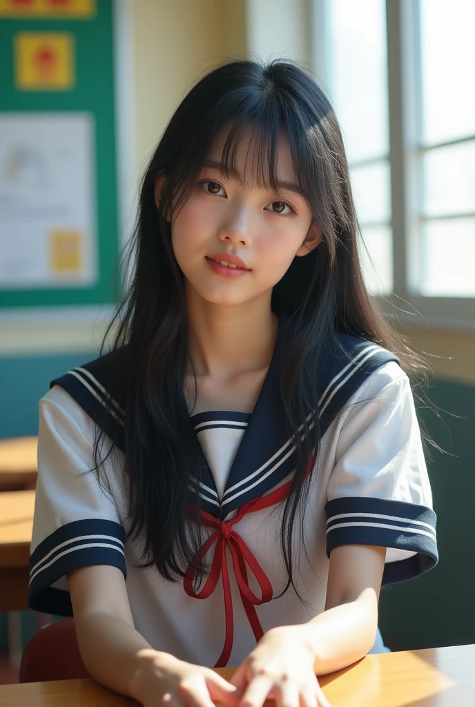 (masterpiece,Highest quality:1.4),(8k,RAW Photos,Photorealistic:1.4),Ultra-high resolution, ,(Glowing Skin:1.4),Detailed skin,Detailed face,Detailed eyes,(Beautiful and shining eyes:1.2),Symmetrical eyes,Detailed ears,One person,Natural Makeup,high school girls,(((Japanese Idols))),(Japanese Face),Detailed Background,Vivid background,Beautiful and shiny hair,18-year-old,((Average teenage breasts)),,(Detailed Summer school uniforms for senior high school girls Japan),,((Sharp Face)),Natural light,,(Very detailed ,Trend design for 2024,online shopping,LUMINE® Market,),Trendy hairstyles,black_hair,long_hair,Upper Body,Instagram Style,(Detailed classroom of a girls' high school,,Location was great.),,Realistic high school girl