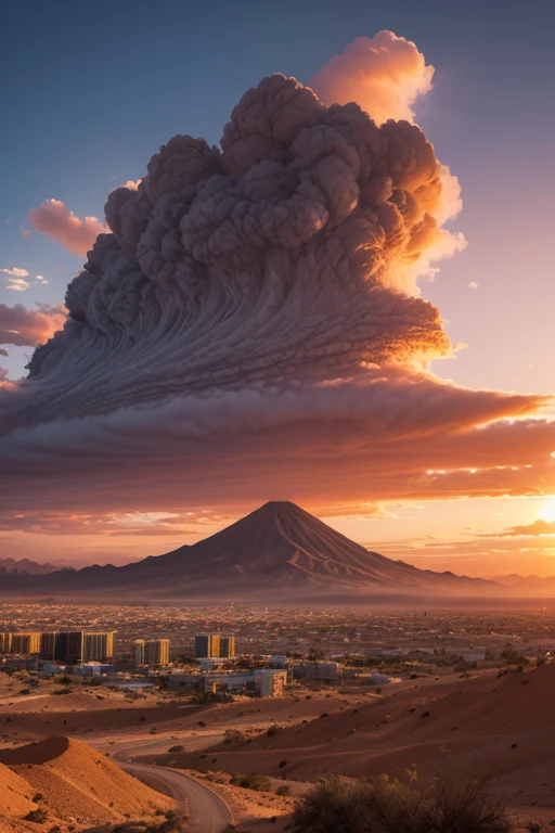 Mountain at sunset, futuristic city in the desert as a background, Low clouds cover the mountain, realistic+high complex parts, colorful clothes, full bodies, 16 thousand..