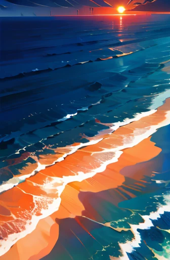 ocean, high resolution, High definition, high quality, landscape, realistic, masterpiece, dawn, dark blue sky, orange sunlight reflecting on the ocean, sun coming out from the horizon, drone shot