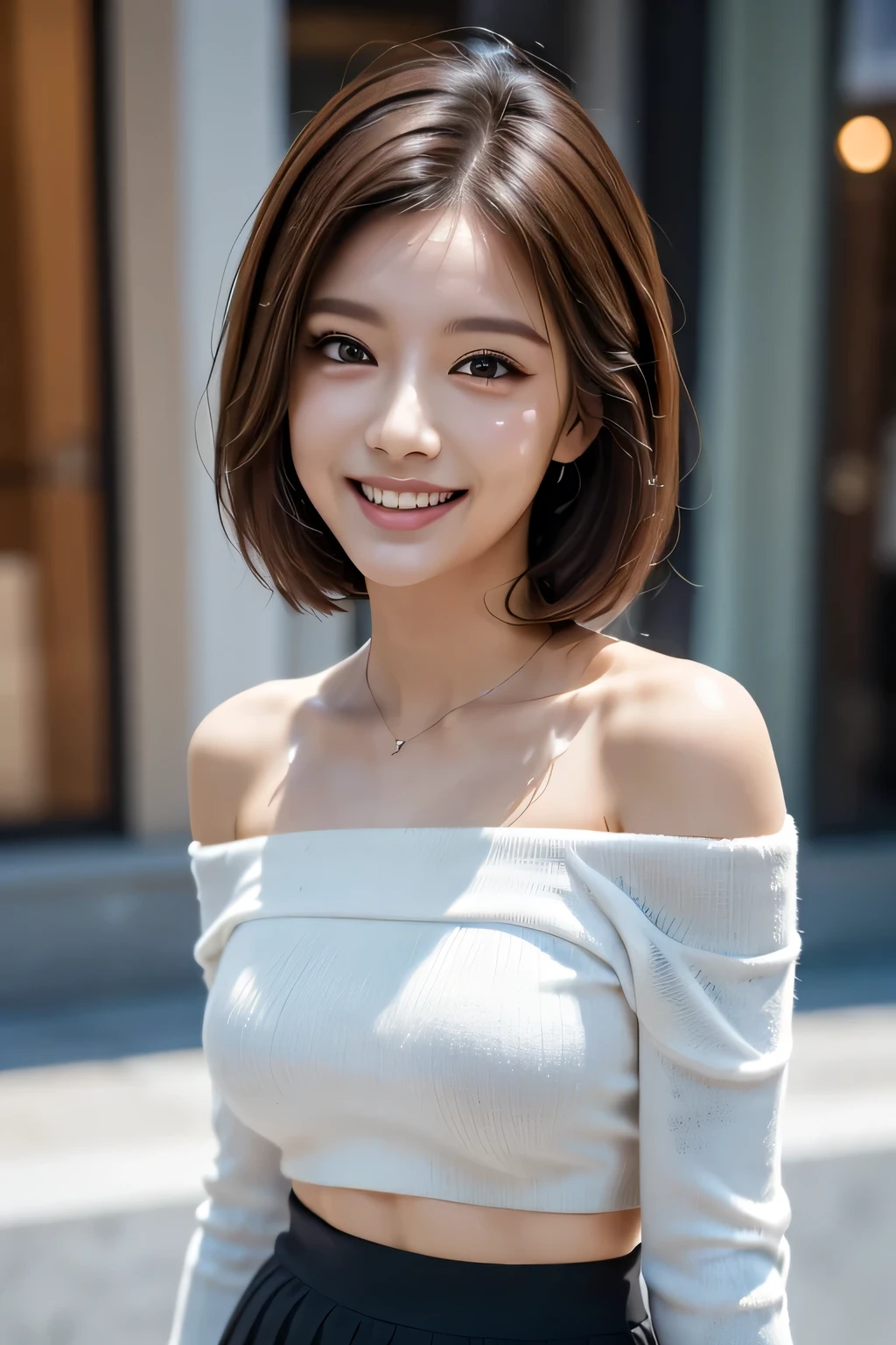 1 Beauty, ((White knit loose off-shoulder top, Tight mini skirt)), Beautiful Face, Beautiful Eyes, double eyelid, Long eyelashes, Thick mascara, Dark eyeliner, grin, Brown Skin, Brunette Bob, Cheeky look, Redness on the cheeks, Raise the corners of the eyes, Triumphant thin eyebrows, ((Very detailed)), Perfectly detailed face, Great hands, Photorealistic images, (street), Sexy pose, Accurate Arm, Accurate Fingers, (masterpiece, Highest quality, Very detailedな顔, Perfect lighting, Ultra-high resolution, Very detailed)