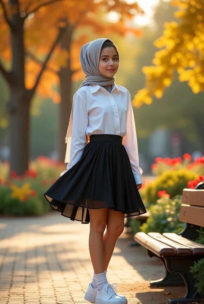 Turkish girl in hijab, White shirt, black loose mini skirt, long white socks,ten memes,big and wide hips,Show your underwear,
in the park,Side pose