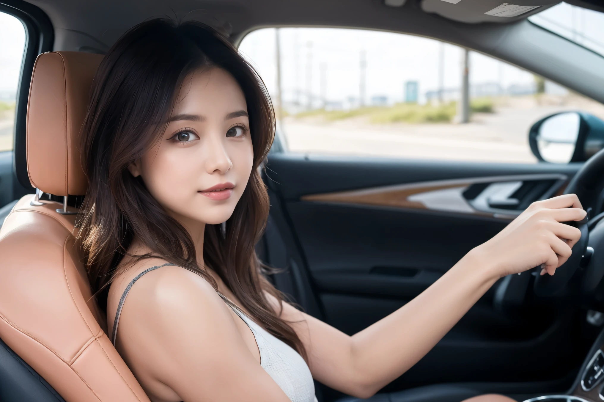 Phenomenally beautiful girl, put her in the passenger seat of a convertible, driving at high speed along a beautiful seaside road, her hair fluttering wildly in the strong wind!