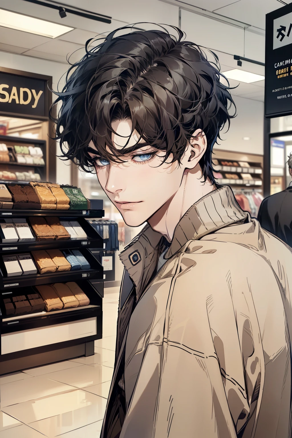 masterpiece, best quality, realistic, 1man, mature male, quiet and charming mature man, CEO, years old, close his eyes, ((soft smile)), closed mouth, extremely detailed face, a little distant, ((dark grey blue eyes)), ((short-side-swept sandy black hair)), [thick eyebrows], (caramel cardigan and brown trousers), (waiting in front of the store)