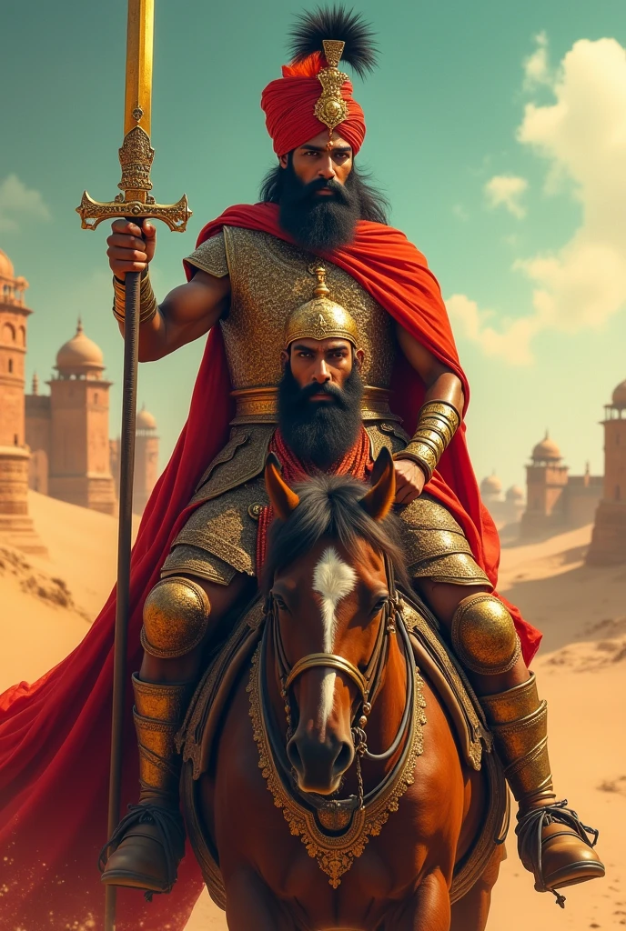 A Rajput is setting on the shoulders of another rajput warrior who is standing 