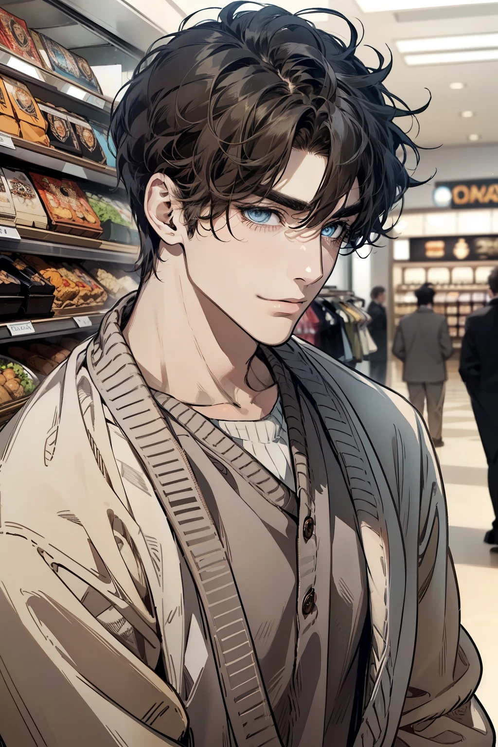 masterpiece, best quality, realistic, 1man, mature male, quiet and charming mature man, CEO, years old, close his eyes, ((soft smile)), closed mouth, extremely detailed face, a little distant, ((dark grey blue eyes)), ((short-side-swept sandy black hair)), [thick eyebrows], (caramel cardigan and brown trousers), (waiting in front of the store)