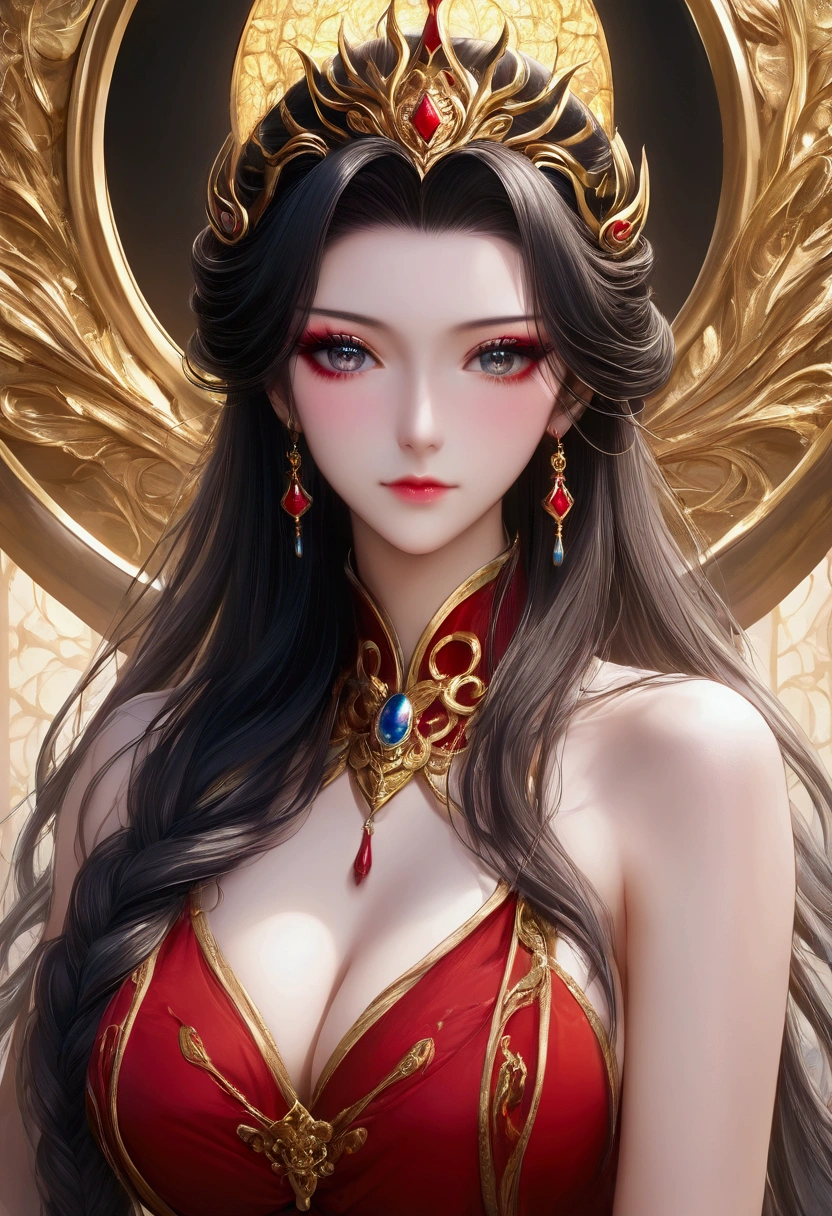 score_9, score_8_superior, score_7_superior,美しい衣装を着た中国のgoddessのクローズアップ,(masterpiece, Highest quality, Highest quality, Official Art, beautifully、beautiful:1.2), (One person), Very detailed,colorful, Most detailed, Perfect Face,CG Association Hot Topics, Fantasy art, ((Beautiful fantasy empress)), , Anime goddess, Golden Lotus Princess, 8K high resolution, Detailed Art, Beautiful and elegant Queen, 美しい天superiorの魔術師, Very luxurious,gem,wonderful, Noble, arrogant, (Black Hair), (((goddess))), Queen,(((Chinese style decoration)),Temple Background,High resolution decoration,Beautiful Makeup,Very long eyelashes,Perfect Eyes,Red costume