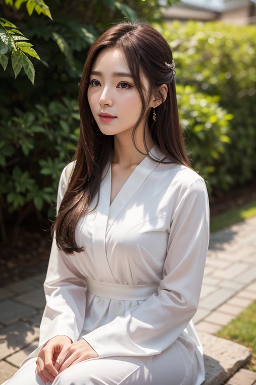 realistic photo (1 cute korean actress) long straight hair, subtle makeup, medium breast, long dress, Close-up, Sharp facial features on Canon EOS camera High resolution 8K, sharp detail, Really