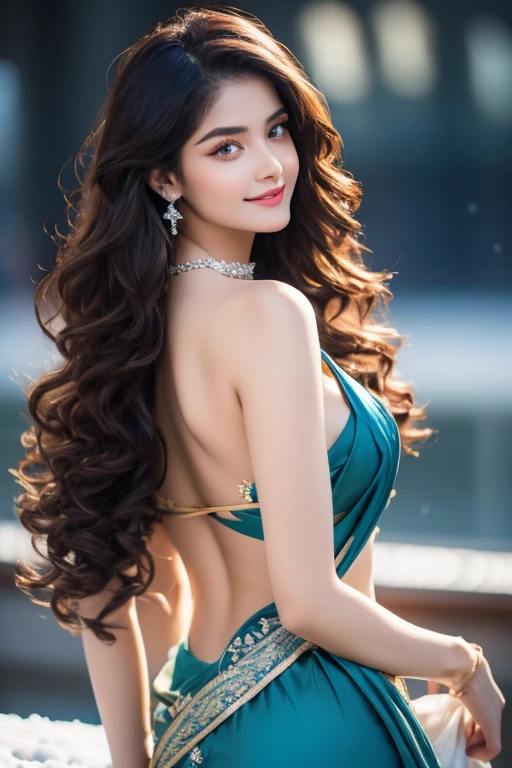 beautiful and sexy woman, age 20, gigantic , clevage, wore stylish and design sea Blue colour saree ,clevage,  hot and sexy printed blouse, sitting in railway ,model pose, beautiful body, masterpiece, ultra realistic,detailed,16k , potrait ,Film type light, camera angle front, looking at viewer CG unity ((extreme) detail 8k wallpaper, masterpiece, best quality:1.2), High detail, Best image quality, A angel with white wings, on sky , lipsticks, Peerless beauty, long curly hair, Exquisite and perfect facial features, Be red in the face, sexy body, body stunning figure, full body, slim waist, big butt, big ass, Thin beautiful thighs, Beautiful thin legs, very detailed facial and skin structure, harmonious facial details, light makeup, happy face, happy smile, fair skin, big eyes, dark red eyeballs, glittery eyes, soulful eyes, pretty eyes, Double eyelid, jewelry, hair decoration, earrings, Necklace, fantasy dress, sky unsurpassed masterpiece, Ultra photo realsisim, perfect artwork, intricate details, Best Quality, strong light,High contrast, the night, Starlights, northern lights, (((back light))), Glowing Hair, Girl sitting on a white ice throne, , a beaut, blurred background, Smile, breeze, (((diamond_necklace))), (((snowing,Snow Flower))),
