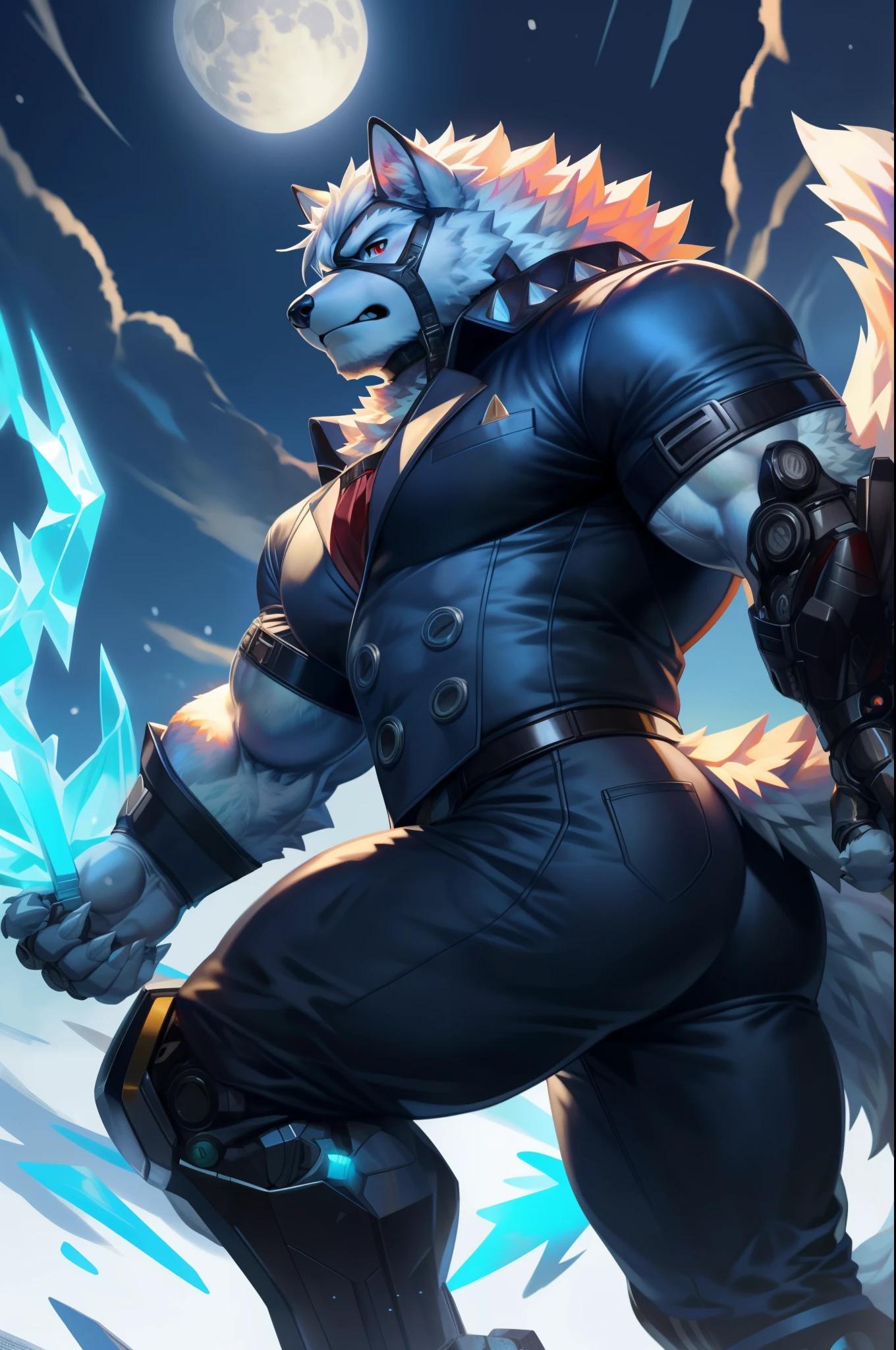 solo, anthro, furry, furry male, wolf, ((fluffy fur, fluffy, furry body)), (wolf print), lean body, slimmer frame, prosthetic legs, round butt, fluffy tail, blue butler outfit, metal legs, red eyes, hair tuft, long hair, (white body, snow white body, lean muscles), wolf tail, ((white hair,)), (white muzzle, white forearms), black leather arm straps, arm straps, straps over forearms, black straps over forearms, face straps, butler uniform, black metal prosthetic legs detailed fluffy fur, detailed face, detailed eyes, smaller arms, darker shadows, glowing red eye, frowning expression, (full body, round ass, fluffy ass,), cyberpunk, valorant,(by Null-Ghost, by Raccoon21, masterpiece, high quality,hi res,8k hd), close-view portrait, looking at viewer, furious expression, rage, ice stalactites around, blue energy, mechanical legs glowing blue, blue exhaust, ice shards in air, ice in air, full moon, in combat, kicking, axe kick, 
