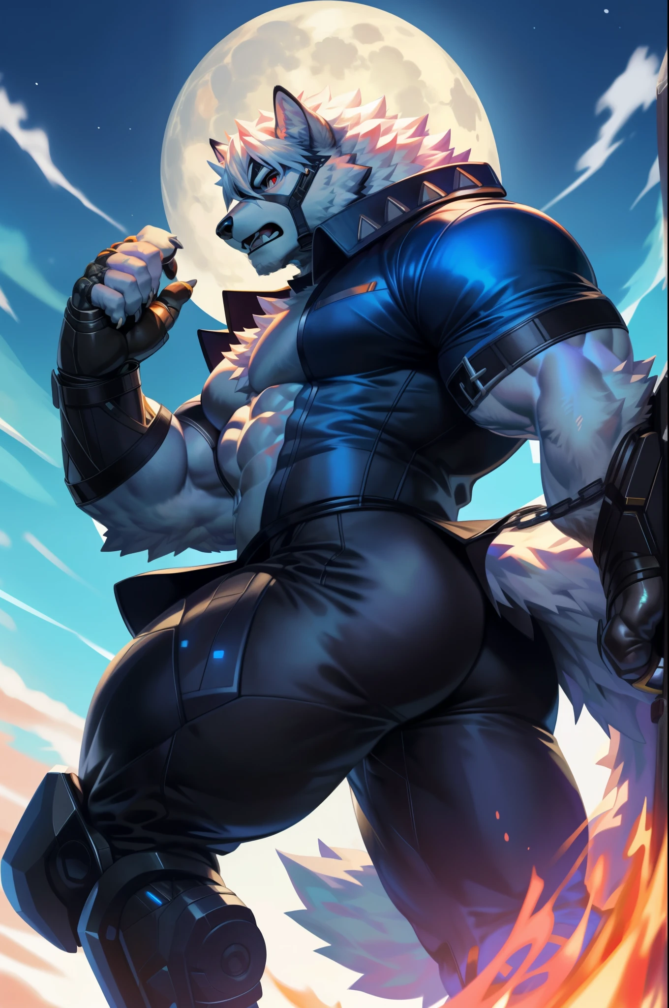 solo, anthro, furry, furry male, wolf, ((fluffy fur, fluffy, furry body)), (wolf print), lean body, slimmer frame, prosthetic legs, round butt, fluffy tail, blue butler outfit, metal legs, red eyes, hair tuft, long hair, (white body, snow white body, lean muscles), wolf tail, ((white hair,)), (white muzzle, white forearms), black leather arm straps, arm straps, straps over forearms, black straps over forearms, face straps, butler uniform, black metal prosthetic legs detailed fluffy fur, detailed face, detailed eyes, smaller arms, darker shadows, glowing red eye, frowning expression, (full body, round ass, fluffy ass,), cyberpunk, valorant,(by Null-Ghost, by Raccoon21, masterpiece, high quality,hi res,8k hd), close-view portrait, looking at viewer, furious expression, rage, ice stalactites around, blue energy, mechanical legs glowing blue, blue exhaust, ice shards in air, ice in air, full moon, in combat, kicking, axe kick,