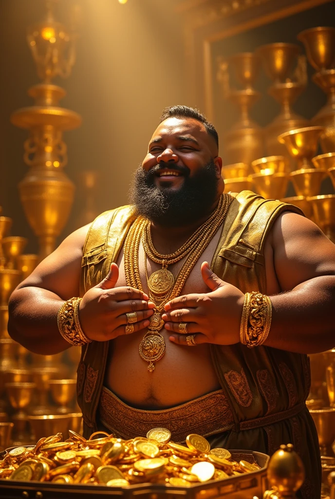 A fat man, in gold jewellry, surrounded by gold, he is smiling and has confidence on his face