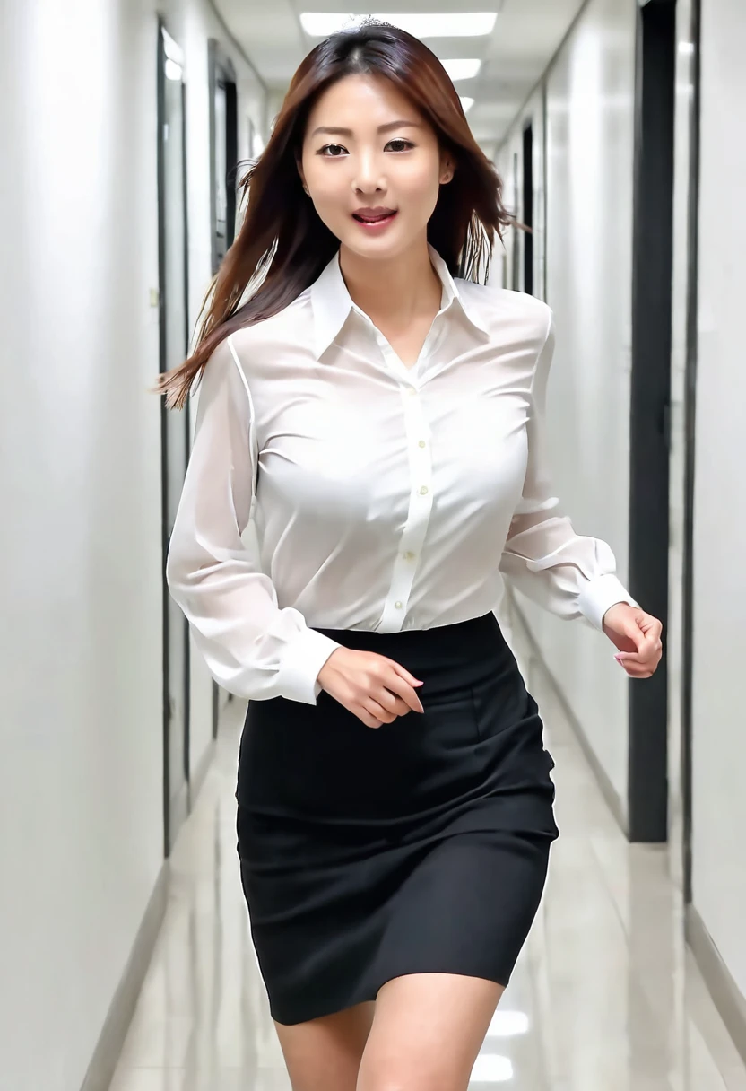 A beautiful office lady without a bra running around the hallway with her legs spread wide、White blouse、Black Skirt