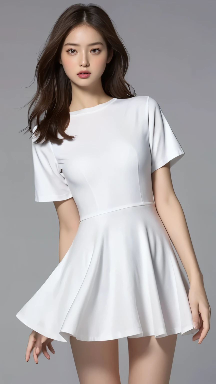 Highest quality,masterpiece,Ultra-high resolution,(Actual:1.4),Original photo,Ultra-high resolution,8K,There are also women,Fair skin、white short sleeve dress ,
Long legs:1.5,Bright and beautiful,high waist,Flashy makeup,Gray background,