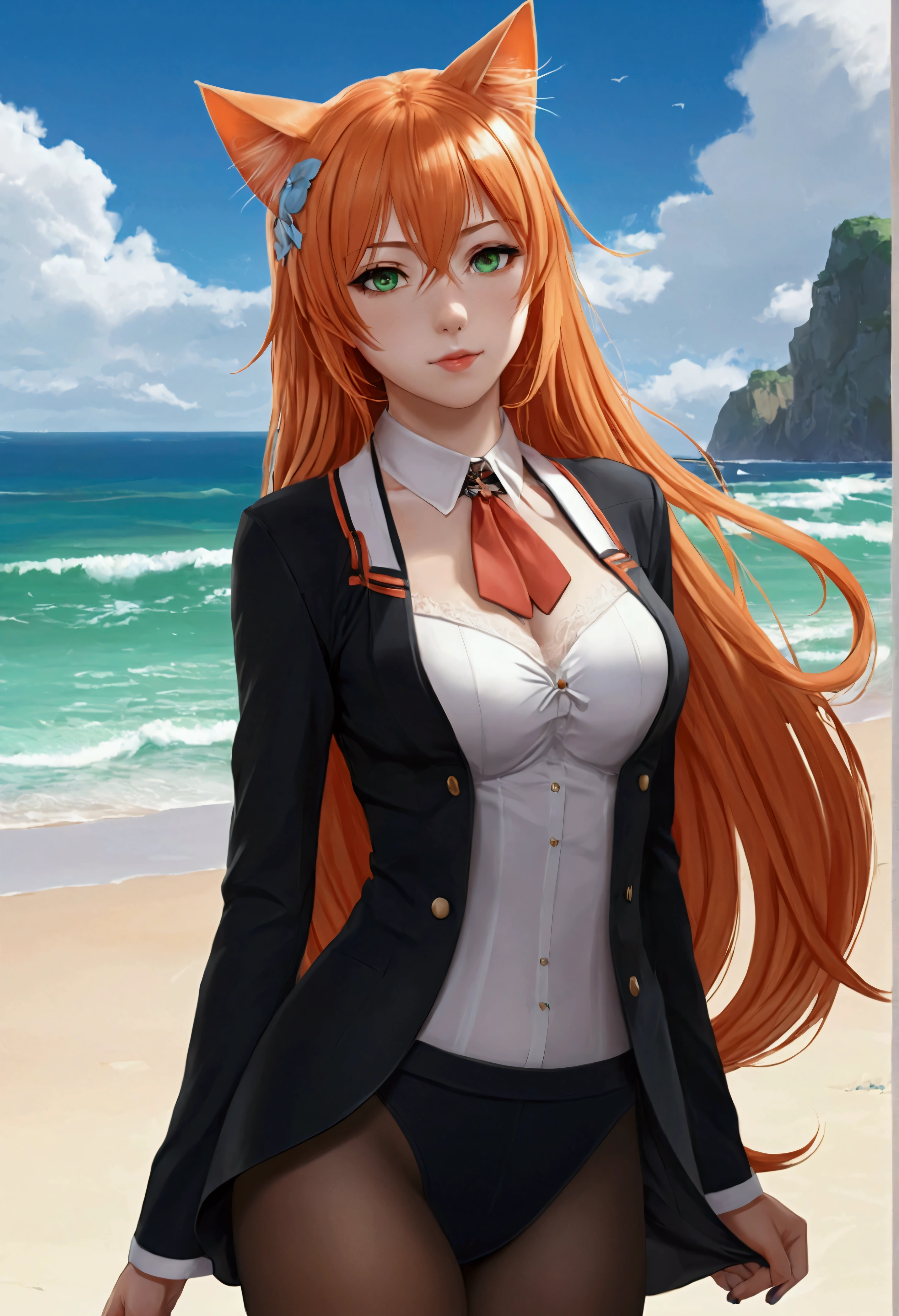 anime girl with long orange hair standing on beach near ocean, green eyes detailed digital anime art, cat ears, , anime girl with long hair, smooth anime cg art, anime girl with long hair, average breast size, digital anime art, artwork in the style of guweiz, beautiful anime portrait, photorealistic anime girl render, beautiful anime girl, advanced digital anime art, pantyhose, guweiz on artstation pixiv upscale HD UHD HQ