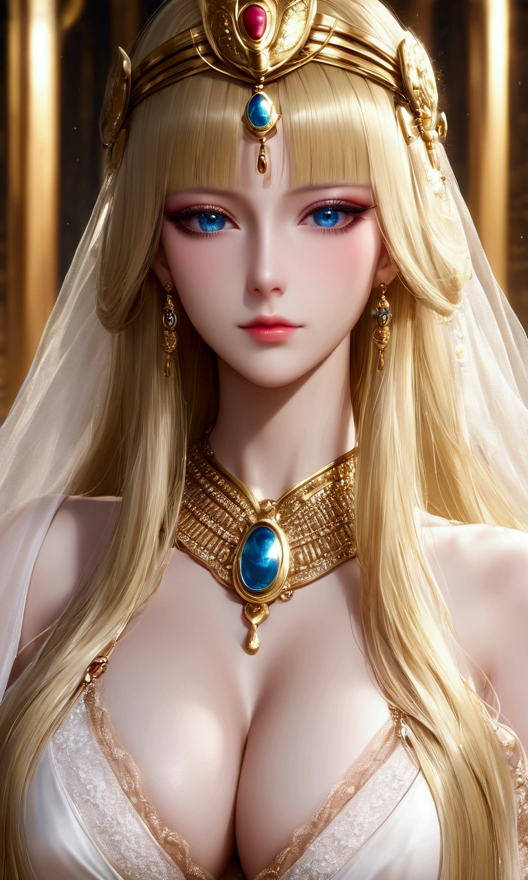 score_9, score_8_superior, score_7_superior,Close-up of a woman in a decorative luxurious dress,,(masterpiece, Highest quality, Highest quality, Official Art, beautifully、beautiful:1.2), (One person), Very detailed,colorful, Most detailed, Perfect Face,CG Association Hot Topics, Fantasy art, ((Beautiful fantasy empress)), Mature Woman,50 years old, Anime goddess, Golden Lotus Princess, 8K high resolution, Detailed Art, Beautiful and elegant Queen, 美しい天superiorの魔術師, Very luxurious,gem, Nice, wonderful, Nice, Noble, Noble, arrogant, (blonde), (((goddess))), Queen,Long Hair,Pharaoh,Cleopatra,(((Egyptian style decoration)),Saggy breasts, {{{Very large breasts}}},Cleavage,Temple Background,High resolution decoration,Adorned with luxurious gold decorations,Beautiful Makeup,Very long eyelashes,blue eyes,Perfect Eyes