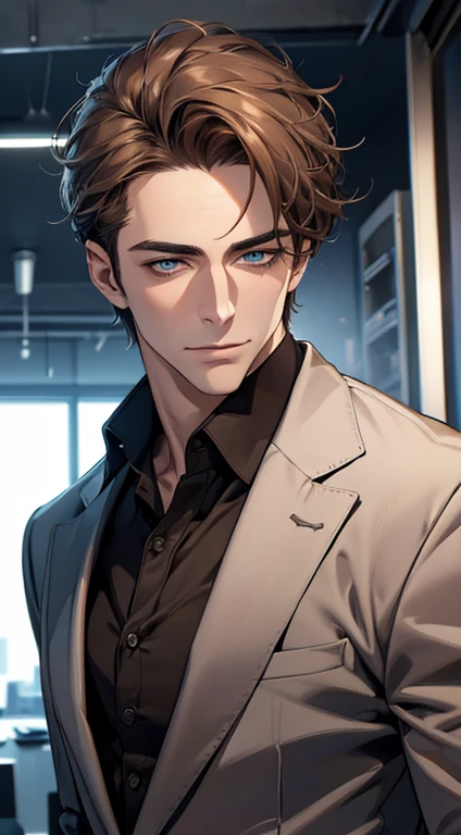 (best quality,4k,8k,highres,masterpiece:1.2),ultra-detailed,(realistic,photorealistic,photo-realistic:1.37),1 man,31 years old,mature man,very handsome,without expression,smile,short grey brown hair,blue eyes,penetrating gaze,perfect face without errors,imposing posture,businessman,office background,cinematic lighting,hdr image