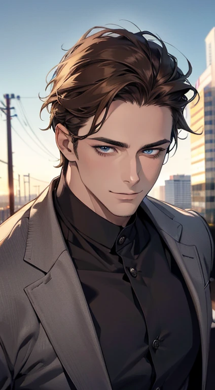 (best quality,4k,8k,highres,masterpiece:1.2),ultra-detailed,(realistic,photorealistic,photo-realistic:1.37),1 man,31 years old,mature man,very handsome,without expression,smile,short grey brown hair,blue eyes,penetrating gaze,perfect face without errors,imposing posture,businessman,office background,cinematic lighting,hdr image