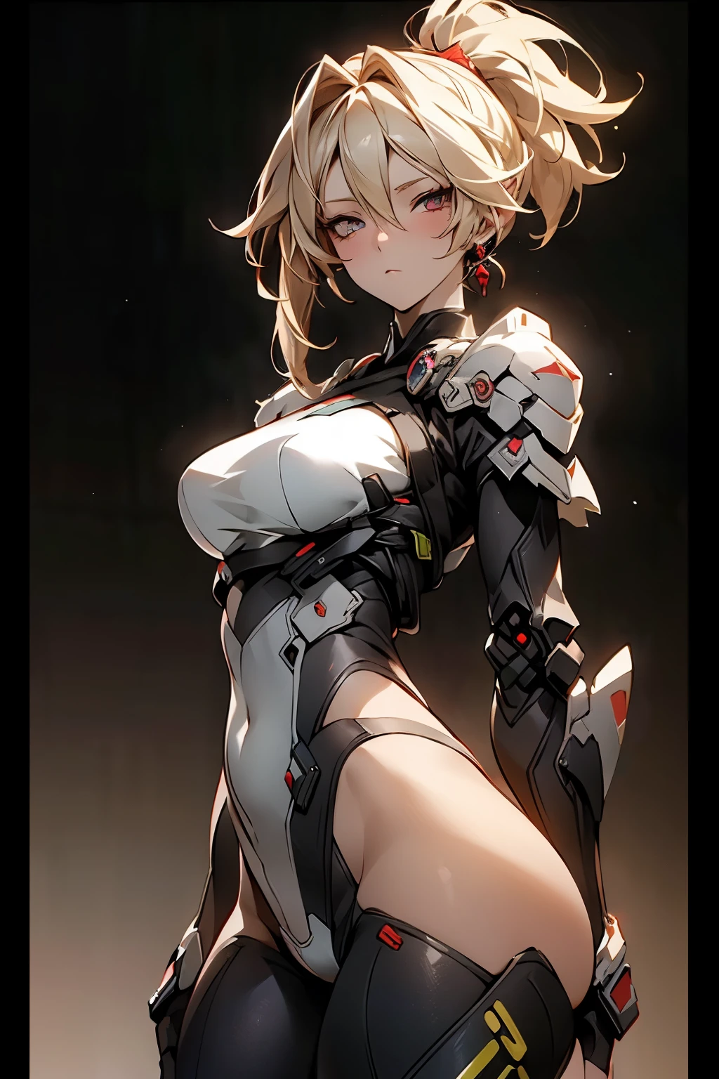 ((best quality)), ((Masterpiece)), (details:1.4), 3d, HDR (high dynamic range), amature woman, Blonde hair, High Ponytail, Red eyes, hips up จมูกโด่ง, ปากแดง, หน้าอกใหญ่, nvidia RTX, PBR surface, After processing, Anisotropic filtration,depth of field, Maximum clarity and clarity, multi-layered surface, Subsurface scattering, perfect proportions, 8K raw files, ความละเอียดสุดยอด, Unreal 5, Perfect proportions, Octane Render, Wide aperture, Low ISO, Berserker, Heavy Red Armor, jewely, ต่างหู