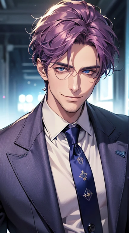 (best quality, masterpiece, 8K, photorealistic, cinematic lighting, 1:4 hdr image, ultra detailed, beautiful image), a mature man, 35 years very handsome, ((cold expression smile in love)), short purple hair, blue eyes, face perfect without mistakes, ((buttoning his jacket, CEO)), smile.