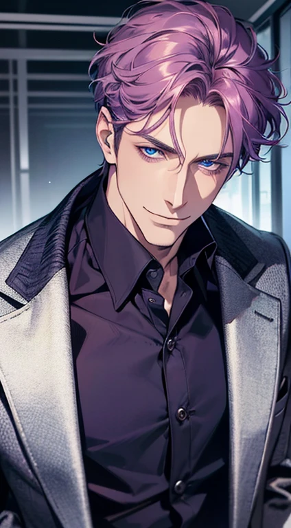 (best quality, masterpiece, 8K, photorealistic, cinematic lighting, 1:4 hdr image, ultra detailed, beautiful image), a mature man, 35 years very handsome, ((cold expression smile in love)), short purple hair, blue eyes, face perfect without mistakes, ((buttoning his jacket, CEO)), smile.