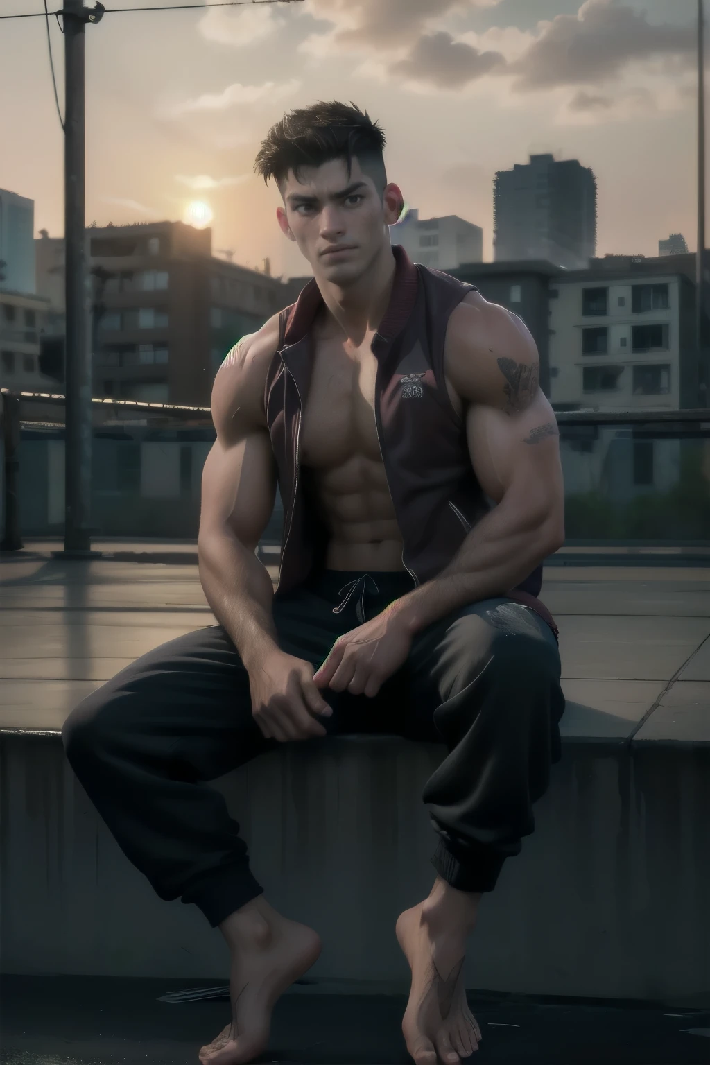 young 18 years old hot barefoot muscular street fighter, ruddy himbo boy, full height, hot libido of south European nationality, in an old worn dirty sleeveless Adidas tracksuit. Muscle flexing on an open air abandoned basketball playground in rainy day. He sits with his back against the wall and shows the bare dirty soles of his feet. Sweating. Direct look. Unbuttoned dark red Adidas sports jacket with torn sleeves, rolled up ragged old worn black indigo, dirty sweatpants, boner in pants, trained sweaty abs, brown eyes, very short brown male sweat hair cut, dirty bare feet, bare heels, hot smile, bloody gunshot wounds to the thighs. (best quality,4k,8k,highres,masterpiece:1.2),ultra-detailed,(realistic,photorealistic,photo-realistic:),HDR,UHD,studio lighting,ultra-fine painting,sharp focus,physically-based rendering,extreme detail description,professional,vivid colors,bokeh,portraits,gritty. Evening, sunset