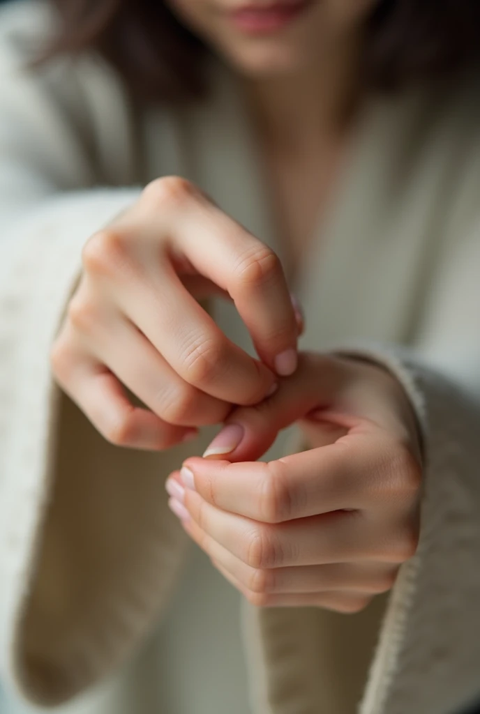 Generate a close-up image of two hands positioned in front of the viewer. beautiful young Japanese woman wearing only underwear. both hands are extended forward , with the fingers curled just like softly grabbing a stick. Ensure that the fingers of both hands are detailed, with attention to the textures and contours of the skin. The background should be neutral or softly blurred to keep the focus on the hands and the interaction between them.