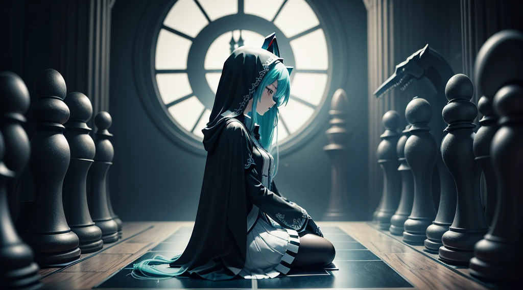 hatsune miku plays chess with grim reaper, dark fantasy, gothic atmosphere, gloomy, grim reaper, chess tournament, dark cathedral background, realistic, detailed, hatsune miku versus grim reaper, 2 opponents