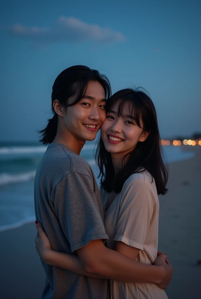 Korean male with shoulder-length hair tied up、An amazing photo with bangs, He is embracing a woman. A warm beach setup、Great night. They are both looking at the camera, Shot with a 150mm lens with the lighting dimmed, A photo with perfect proportions