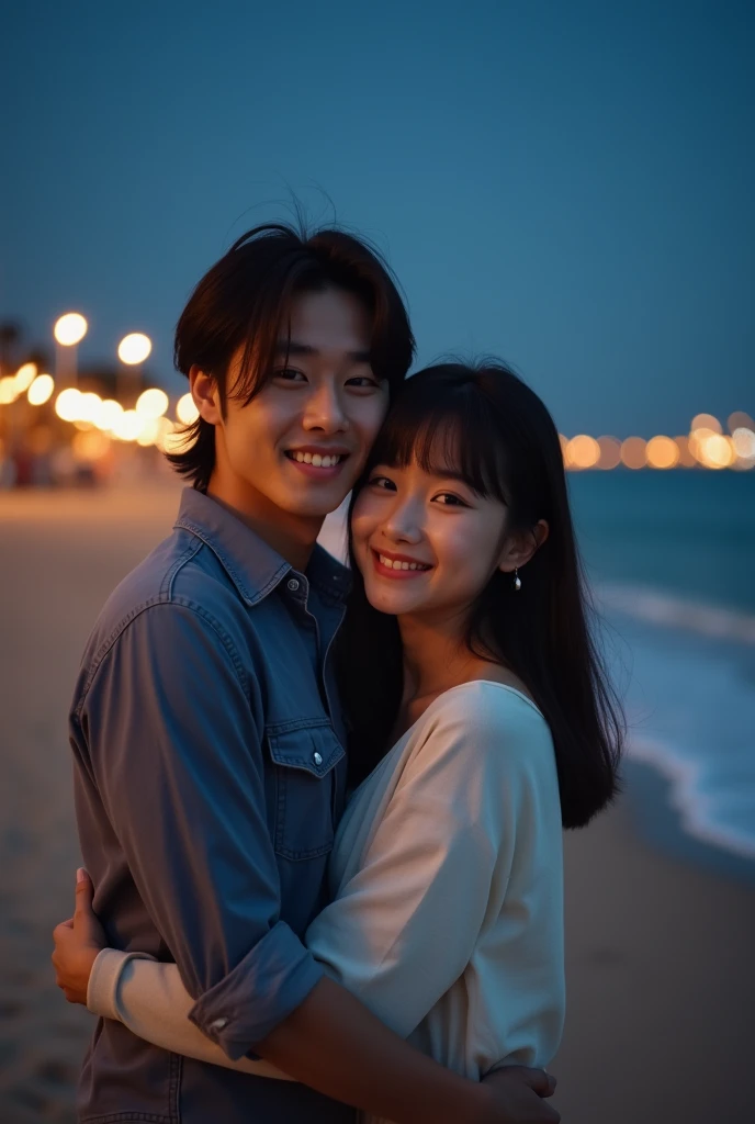 Korean male with shoulder-length hair tied up、An amazing photo with bangs, He is embracing a woman. A warm beach setup、Great night. They are both looking at the camera, Shot with a 150mm lens with the lighting dimmed, A photo with perfect proportions