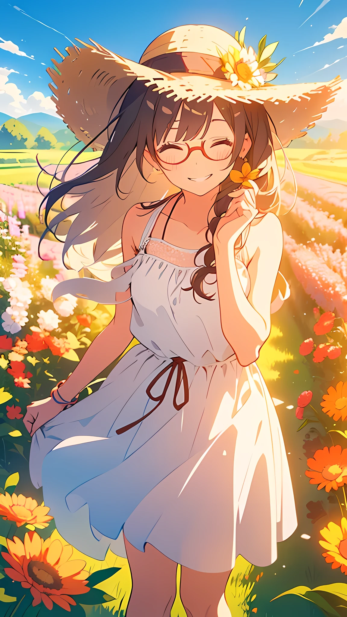 1girl, solo, straw hat, glasses, ((smiling with eyes closed)), braided brown hair, hair over shoulders, facing viewer, standing in flower field, white dress, necklace, masterpiece, best quality, in 8K,