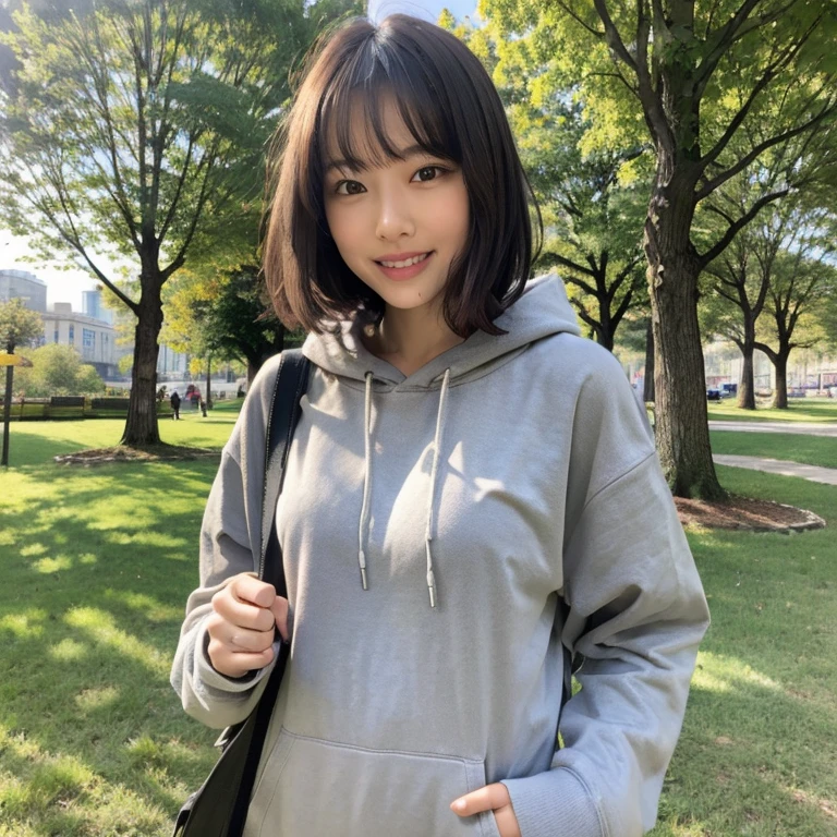 8k、(masterpiece, Highest quality:1.4)、Very realistic、Japanese、One Woman、She has a tall and slender figure with long legs.、Flat Chest、(((Description：Standing in the park wearing a gray hoodie.)))、38 years old、(Hairstyle：Bangs(1.6))、The best smile、
