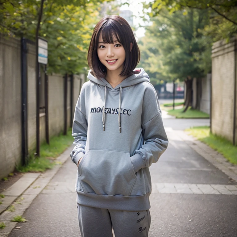 8k、(masterpiece, Highest quality:1.4)、Very realistic、Japanese、One Woman、She has a tall and slender figure with long legs.、Flat Chest、(((Description：Standing in the park wearing a gray hoodie.)))、38 years old、(Hairstyle：Bangs(1.6))、The best smile、
