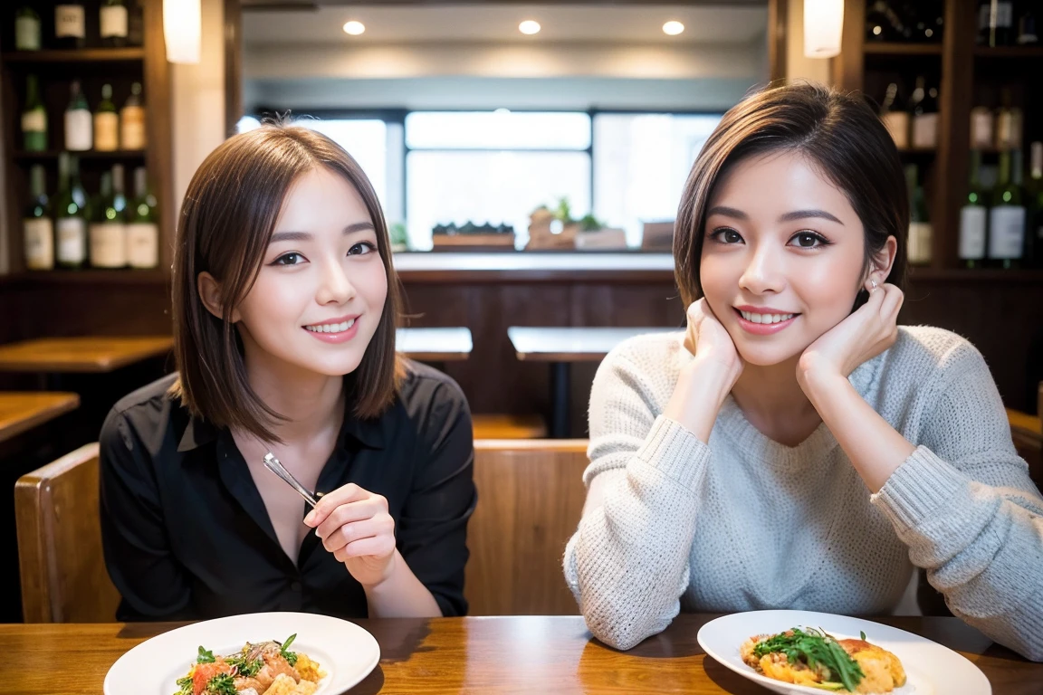 ((Highest quality、8k、masterpiece:1.3))、slimカップル、modelカップル、(Realistic, Intricate details:1.2), full-course dinner、wine 、Amazing view of the sunset sky and clouds、A bright smile、The wonderfulness of smile、Bright image、wineの美しさ, Beautiful Face, blue eyes, The light shines on your face, blush, short hair,Bright Face、 (Age 37), 39 years old, 赤wine 、Appetizers、Italian food、wine bottle、Champagne、スパークリングwine、Two beauties、Brown Hair、Shortcuts、Long sleeve shirt、dress、Beautiful woman 1, (slimな顔), (The body is slim), (Brown Hair), (Shortcuts), cheeks turn a little red,Attractive beauty、restaurant, In a prominent place (From the waist up) Nova Frog Style, actress, model, Upper Body, 白wine, slim, wineグラス, 中央に置かれたwineグラス, smile, (smile: 1.15), Beautiful fine grain, Depth f/2,saturation, High Contrast, Strong light and shadow,Moist Body:1.5、3D texture、Delicate eyes、Brown Hair、The hair is very shiny、