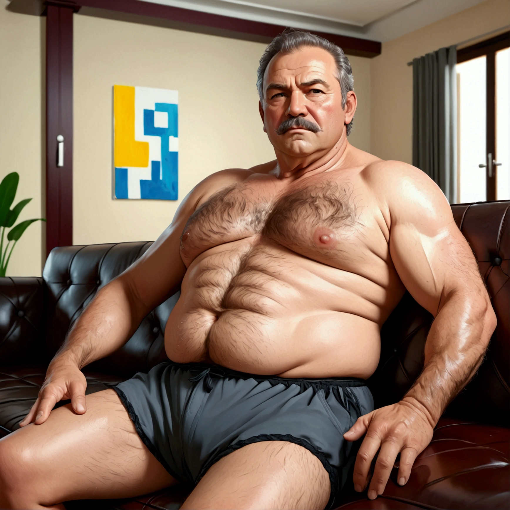 Muscular chubby old man, mature dad, domineering and sexy face, short beard, hairy chest with small protruding nipples, bearish hairy belly, big penis, hair on chest and belly stuck to the skin from sweat, dad's pose is repulsive and sexually alluring to him, hands lying on the back of the sofa, hairy armpits and legs, sitting on a leather sofa, whole body side view,(best quality, 4k, 8k, high, masterpiece: 1.2), ultra detailed, ( realistic, photorealistic, photorealistic: 1.37), detailed face, intricate details, cinematic lighting, dramatic lighting, cinematic angle, cinematic pose, dramatic shadows