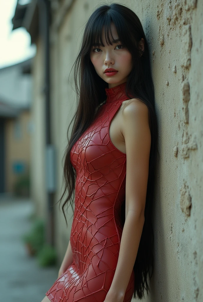 editorial photography,super detailed background,Super realistic,double exposure,depth of field,cool beauty super skinny vides,soft focus toxic tone,narrative scene,geometric Wabi-Sabi city,open Crimson lips,narrow eyes,three-dimensional uneven pattern uneven rubber tiny mini dress,portrait,super long straight hairstyle,sit leaning against the wall,arm up,