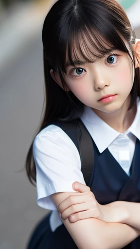 8k、cute、Adult、((looking down)), ((looking at viewer)), uniform、Very angry、rage、Glare、Arms crossed、((from below)), 