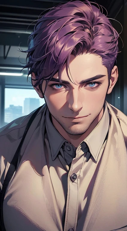 (best quality,4k,8k,highres,masterpiece:1.2),ultra-detailed,(realistic,photorealistic,photo-realistic:1.37),1 man,31 years old,mature man,very handsome,without expression,smile,short purple hair,blue eyes,penetrating gaze,perfect face without errors,imposing posture,businessman,office background,cinematic lighting,hdr image