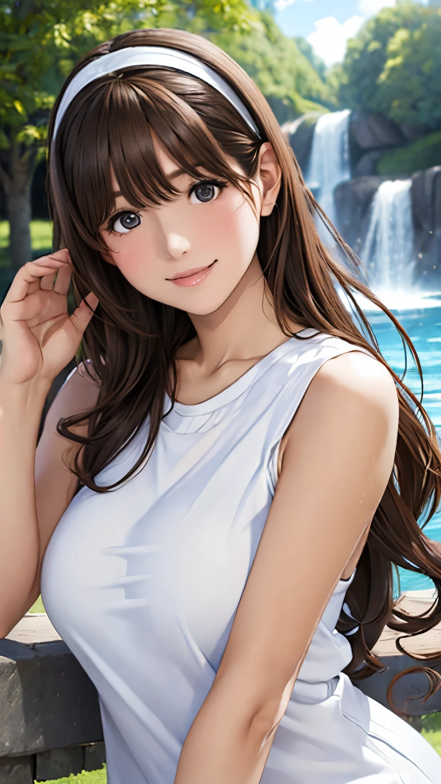 Nene Kasaki々、Shiny brown hair,  (Beautiful brown eyes、Sparkling eyes, fine grain)、smile、Very fine eye、Highly detailed face, Highly detailed eyes,


young woman、smile、((White horseshoe headband、Straight Long Hair))、blush、((masterpiece、High resolution、16K))、((Sleeveless white knit mini dress))、(Very close:1.5)、Fountain Square、Forest Park、(Focus on the upper body:1.5)、((Wave your hand))