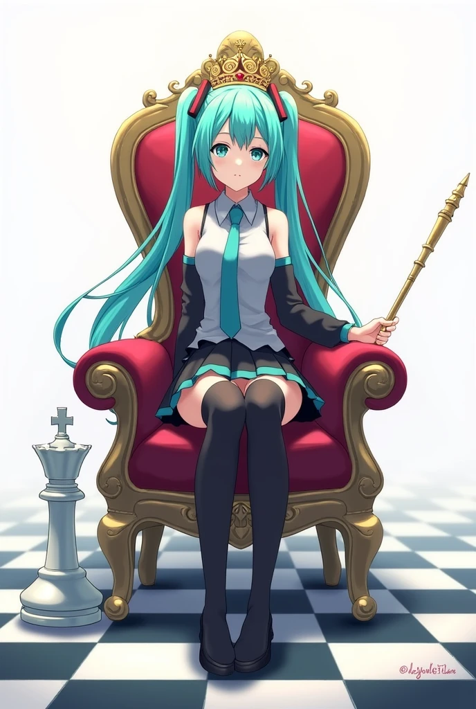 anime_art, anime_style, detailed_drawing, white_background, one_girl, high definition, high quality, thighhighs, straight_twintails, detached_sleeves, necktie, skirt, aqua_hair, transparent_background, aqua_eyes, zettai_ryouiki, full_body, grey_shirt, sleeves_shirt, collared_shirt, pleated_skirt, black_skirt, black_thighhighs, closed_mouth, boots, wearing_a_crown, headphones, hair_ornament, five_fingers, holding_a_long_Sceptre, she_sits_on_the_throne, the_throne_is_set_on_a_chessboard, on_the_right_there_is_white_king_chess_(cross_on_top_of_it)