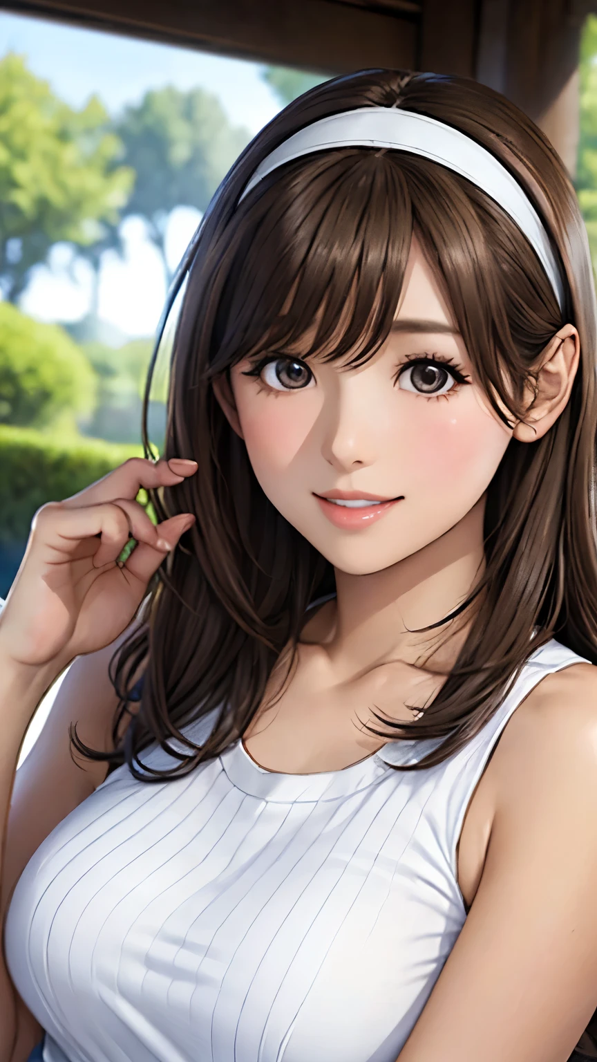 Nene Kasaki々、Shiny brown hair,  (Beautiful brown eyes、Sparkling eyes, fine grain)、smile、Very fine eye、Highly detailed face, Highly detailed eyes,


young woman、smile、((White horseshoe headband、Straight Long Hair))、blush、((masterpiece、High resolution、16K))、((Sleeveless white knit mini dress))、(Very close:1.5)、Fountain Square、Forest Park、(Focus on the upper body:1.5)、((Wave your hand))