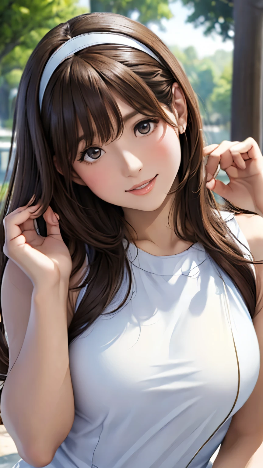 Nene Kasaki々、Shiny brown hair,  (Beautiful brown eyes、Sparkling eyes, fine grain)、smile、Very fine eye、Highly detailed face, Highly detailed eyes,


young woman、smile、((White horseshoe headband、Straight Long Hair))、blush、((masterpiece、High resolution、16K))、((Sleeveless white knit mini dress))、(Very close:1.5)、Fountain Square、Forest Park、(Focus on the upper body:1.5)、((Wave your hand))