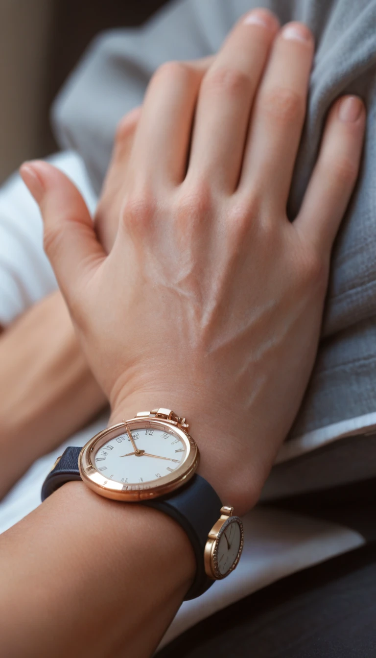 score_9, score_8_up, score_7_up, detailed, perfection, close up of hands, watch, wrist watch, close up of watch, hand focus, blurry background,