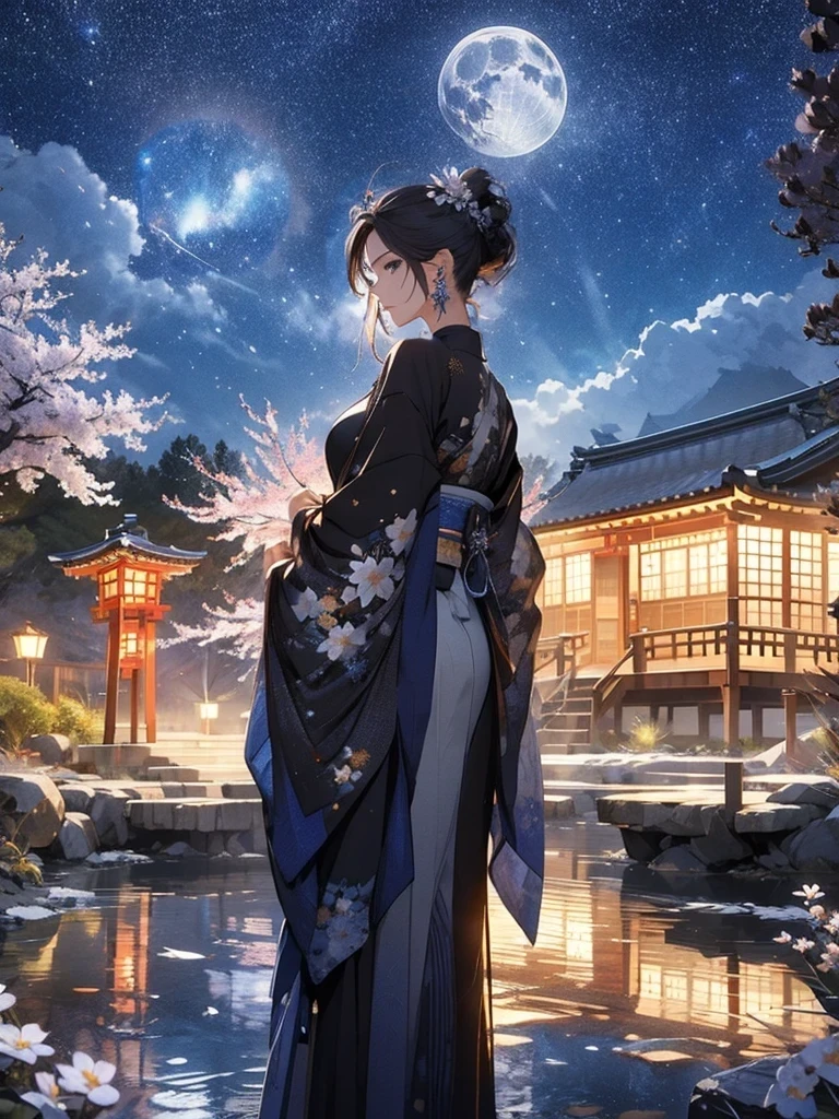 masterpiece, high quality, 4K, Beautiful design, back side view,silhouett， wonderful, Finer details, Very knowledgeable woman, Highly detailed solo, 1 female，ponytail,Flower-decorated hairpin, hair accessories,155cm height