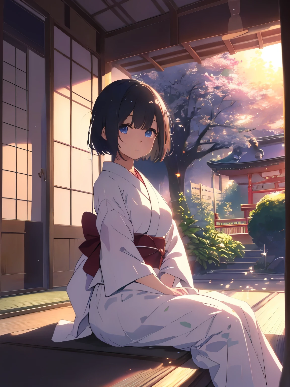 best quality, masterpiece, (独奏:1.4), (1 Female:1.4)、Adult women、Larger breasts、(Slender figure)、(Japan sitting on the porch of a house:1.5)、(Cool colored yukata:1.3)、(White highlight in pupil:1.2)、(Dark blue eyes)、(beautiful eyes)、(Black-haired:1.2)、(Tie your hair back:1.5)、(Blur the background to make the woman stand out:1.3)、(Simple Background)、(Summer Garden:1.3)、(Japanese Garden)、(Evening Garden)