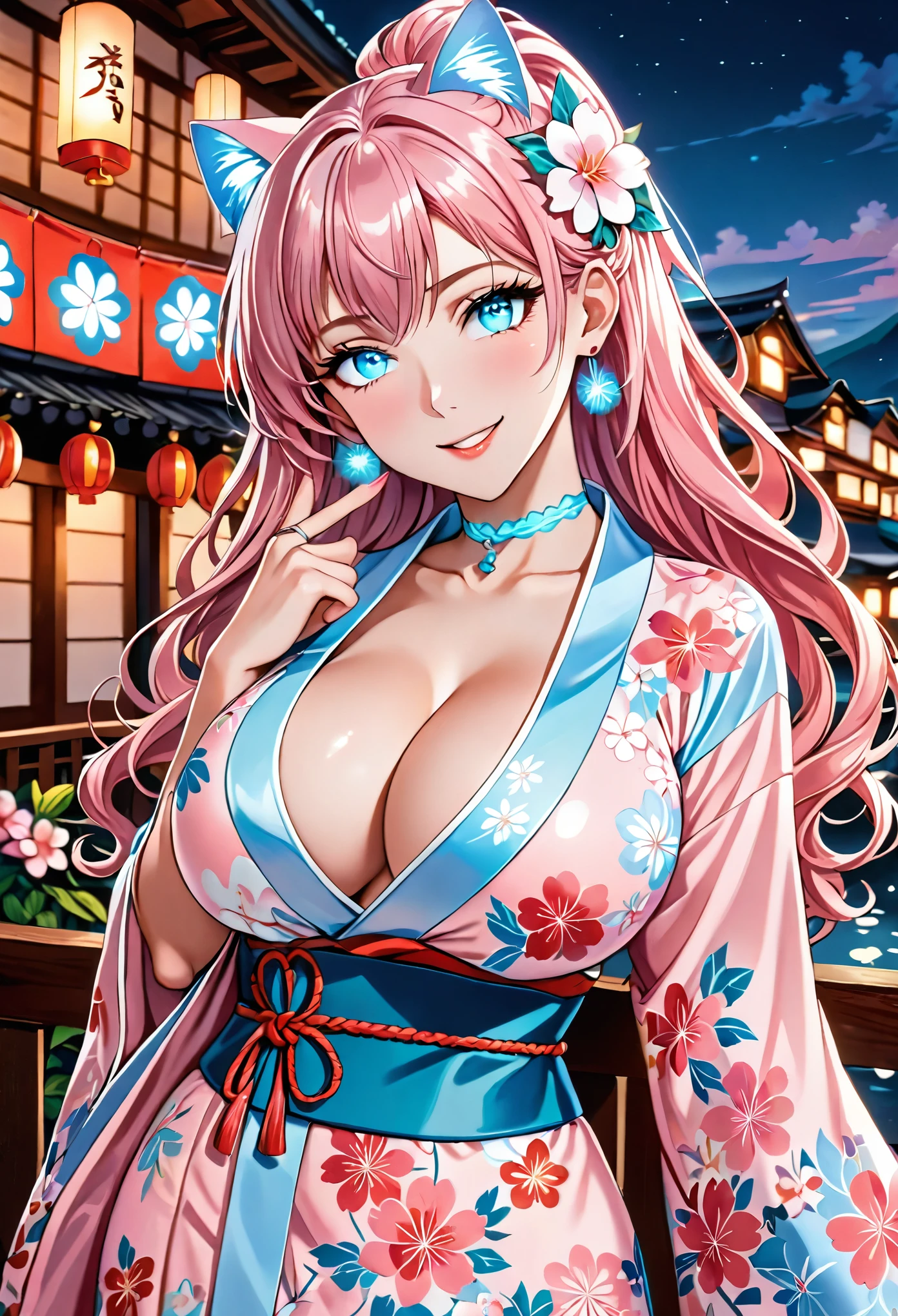 ultra-detailed, ((one girl)), in pastel colors girl, hyper detailed, absurdres, 8K, Beautiful Face, (Laugh shyly), ((teasing smile:1.8)), ((Wink:1.8)), (Laugh with your mouth wide open),(Tilt your head:1.3), ((put index finger on mouth:1.3)), View your viewers, ((Bright red cheeks:1.6)),Glossy Red Lips, ((Big Breasts:1.5)), (valley),night, Riverside,On Bridge, firework, (Brighten your face), ((Anime style background)),masterpiece, Highest quality, so beautiful,Latest, Complex details, (Pink long nails), (nail art), (ring),(bracelet), (Floral Choker),AI-generated, Complex,High resolution, Highest quality, super high quality,3D Images、3D Images,One person,Pastel pink long hair,(High Ponytail), (wavy hair:1.3), Pastel anime woman posing for a photo, ((Fine grain、blue eyes、glowing eyes:1.4)), (Squint your eyes:1.1),a hyperRealistic , hyperRealistic , Realistic,Anime woman with long pastel pink hair, Smooth anime CG art, A girl in a gorgeous pastel-colored kimono, ((Pastel-colored furisode)),(Pink large floral pattern) ,Long flower hair ornament,Floral Earrings,Mature Body, tall,Abdominal muscles,Tight waist,((arched back:1.9)), (front view),