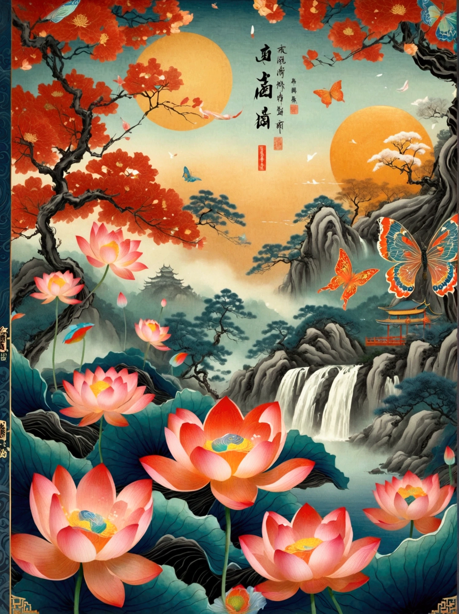 [Vision:1.0]，[Wide Angle:1.0]，It is a Chinese-style scroll with lotus flowers, butterflies and waterfalls in the background with trees in the sky, calligraphy written in the top right corner, the pattern is displayed in 3D, presented as a detailed illustration, it has a gradient color scheme and exquisite details, high resolution, high quality, high detail, Bright colors，Bright，Ultra high saturation，rgb, Colorful)，(High contrast:1.5)，(whole body:1.8), magazine photography，Popular on social platforms，((Dopamineism))，(((Dopamine color matching)))，Dopamine，(in the style of Y2K)，Luo Erchun，Three-dimensional ancient style，Oriental poetry and painting