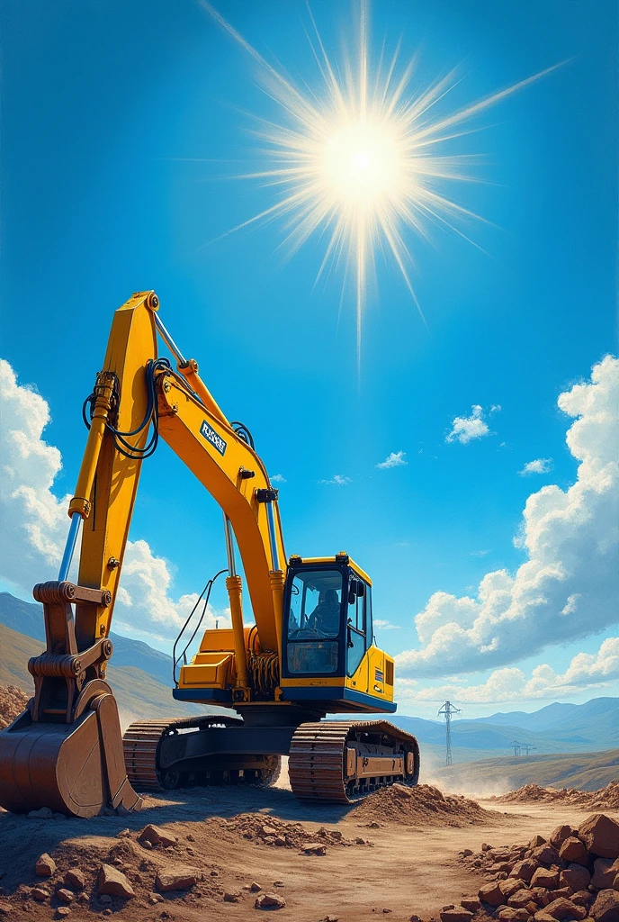 Powerful and stylish landscape painting。
Using an excavator。
Include logo。The content is Fukuoka Rental
Setting is noon。The atmosphere of sweating under the blazing sun。