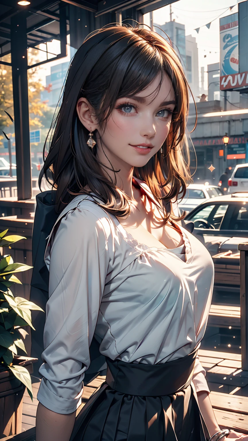 (8k, Highest quality, masterpiece: 1.2), Super detailed, Highest quality, Ultra-high resolution, Professional Lighting, Photon Mapping, Radio City, Physically Based Rendering, Cinema Lighting, Depth of written boundary, focus on, Light of the sun, Good composition, (Bokeh: 1.2), 1 person, (whole body), smile, Beautiful Eyes, Pause, narrow, Brown Hair, short hair, Prairie Blouse Light Blue, skirt,garden,hand {refer tos} cute {refer to} hand,