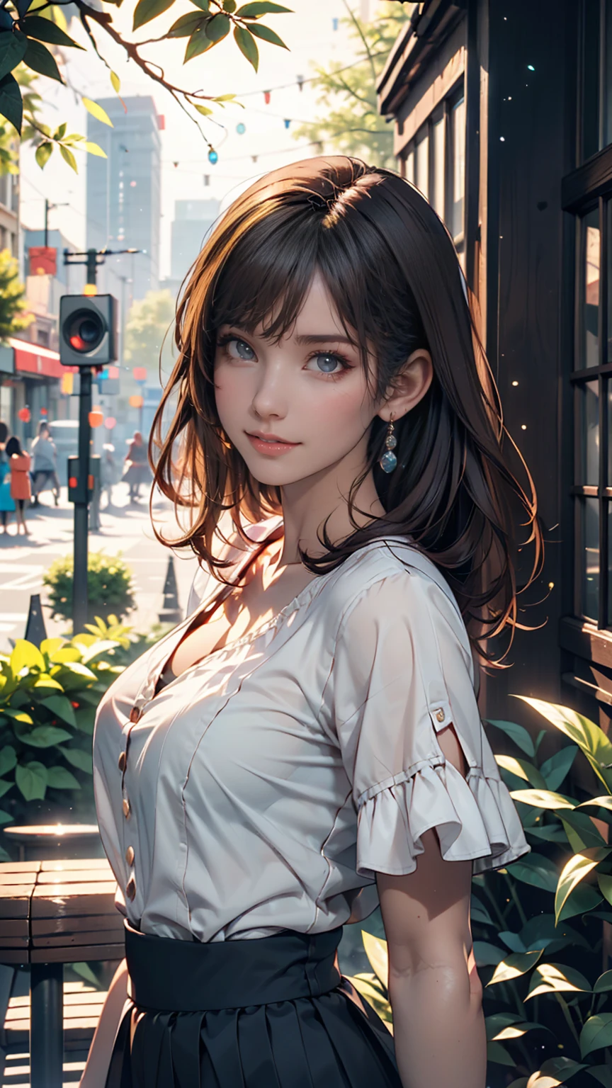 (8k, Highest quality, masterpiece: 1.2), Super detailed, Highest quality, Ultra-high resolution, Professional Lighting, Photon Mapping, Radio City, Physically Based Rendering, Cinema Lighting, Depth of written boundary, focus on, Light of the sun, Good composition, (Bokeh: 1.2), 1 person, (whole body), smile, Beautiful Eyes, Pause, narrow, Brown Hair, short hair, Prairie Blouse Light Blue, skirt,garden,hand {refer tos} cute {refer to} hand,